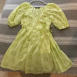 Zara embroidered wrap mini floral dress is lemon lime green
